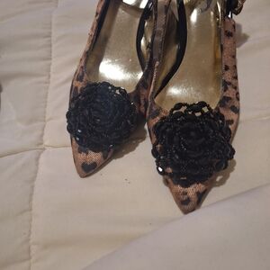 J.Renee Leopard Print Heels with Black Floral Detail